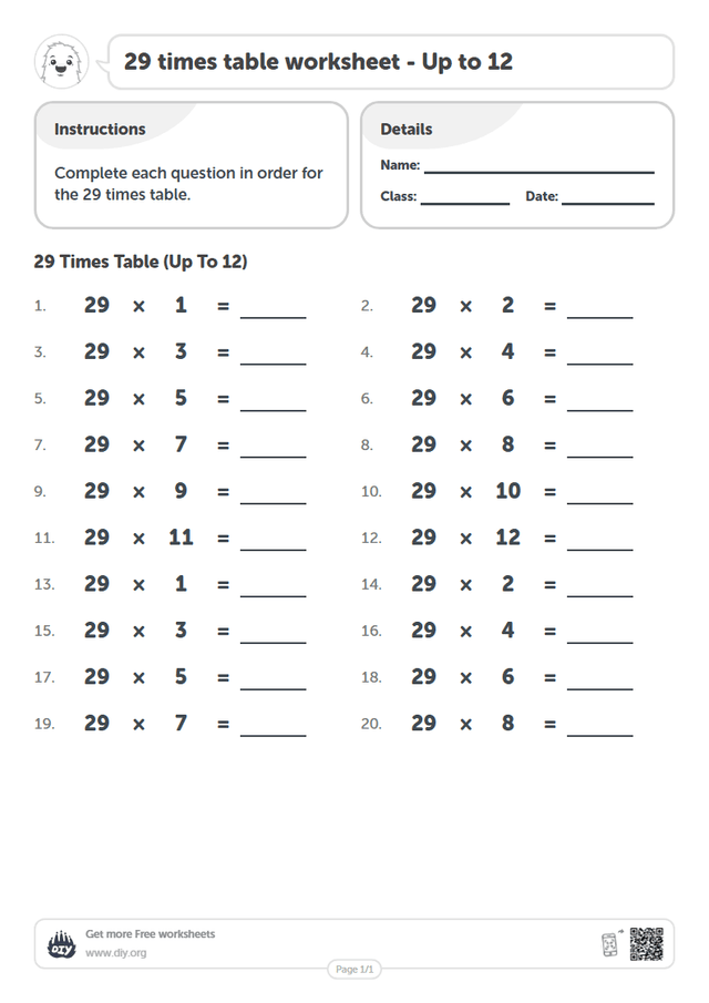 29 times table page 1