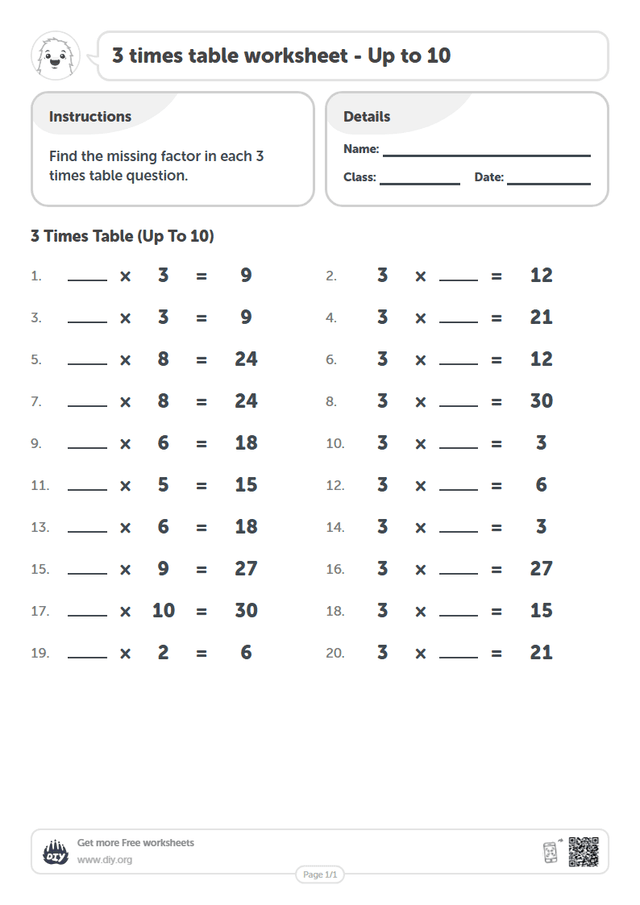 3 times table page 1