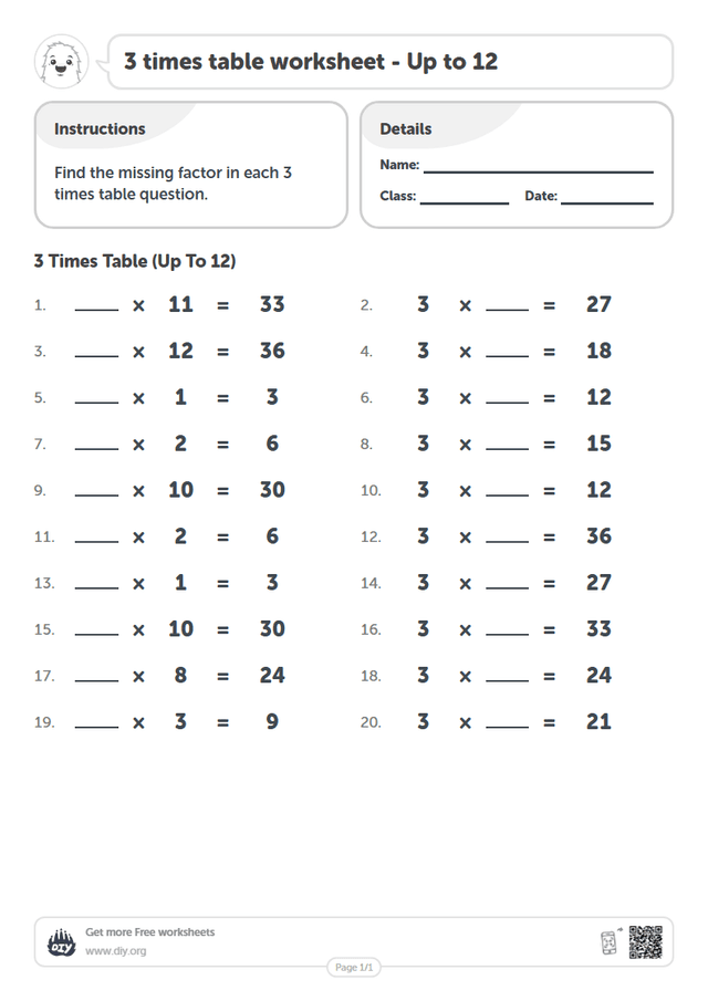 3 times table page 1