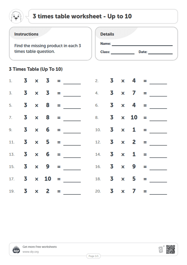 3 times table page 1