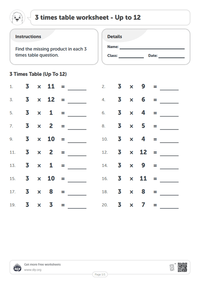3 times table page 1
