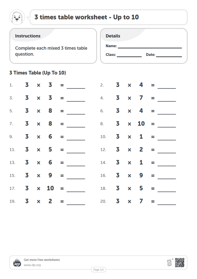 3 times table page 1