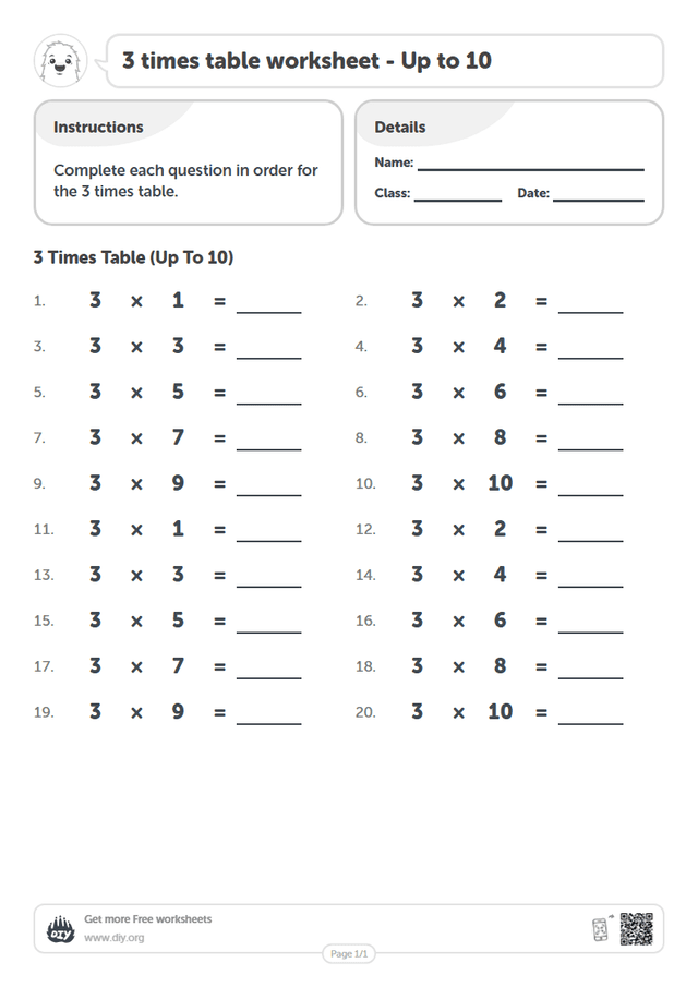 3 times table page 1