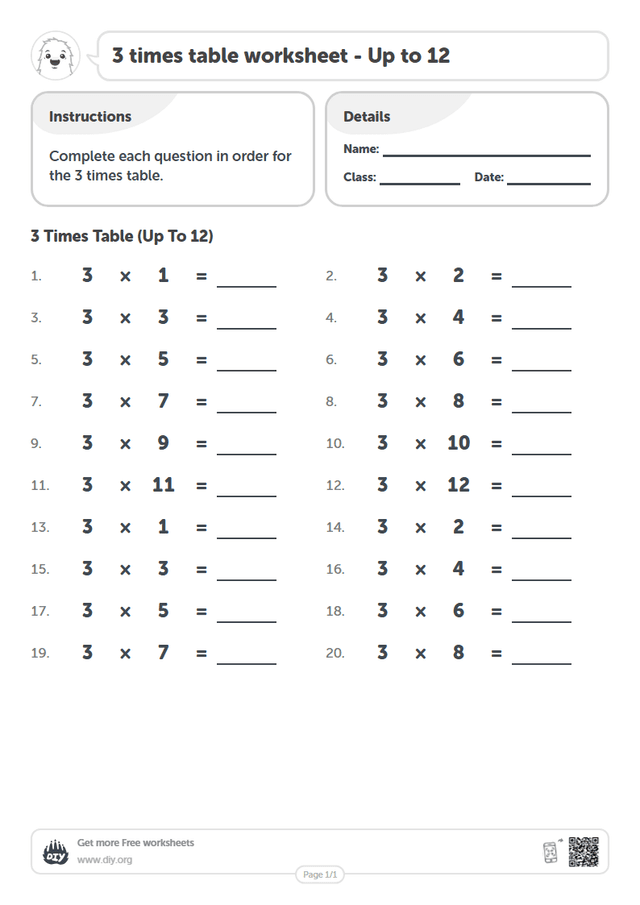 3 times table page 1