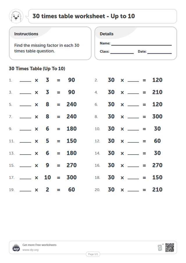 30 times table page 1
