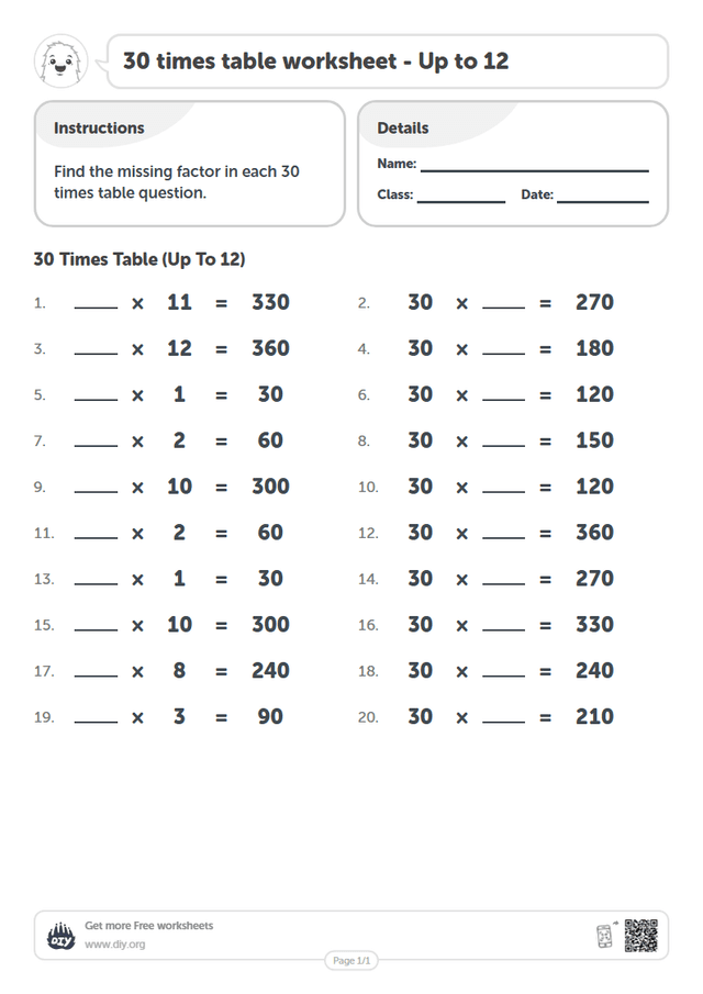 30 times table page 1