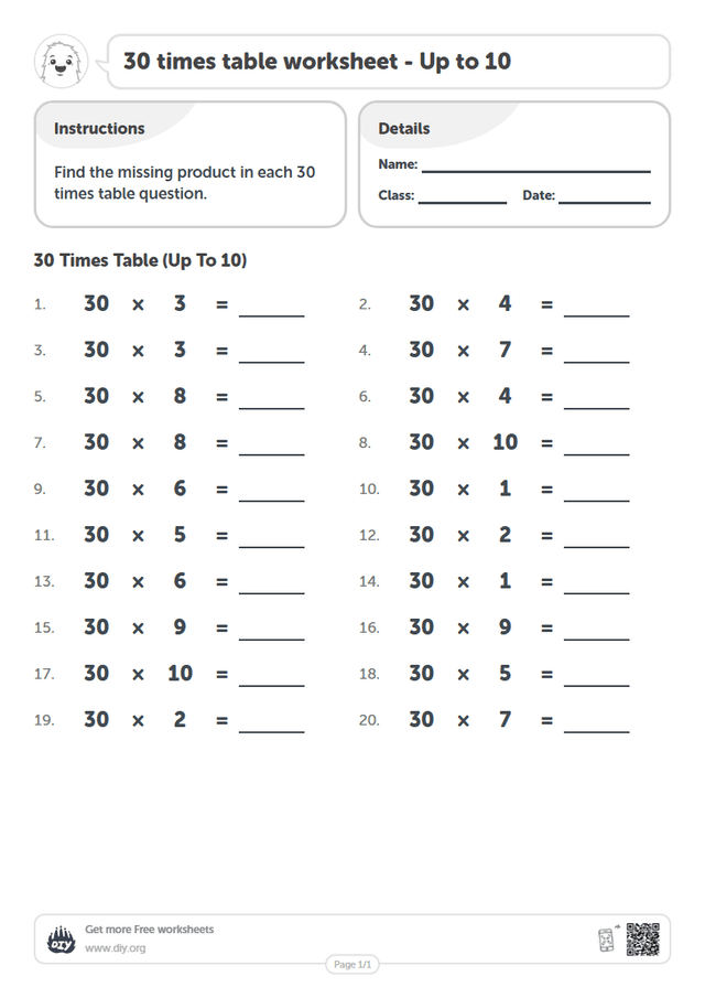 30 times table page 1