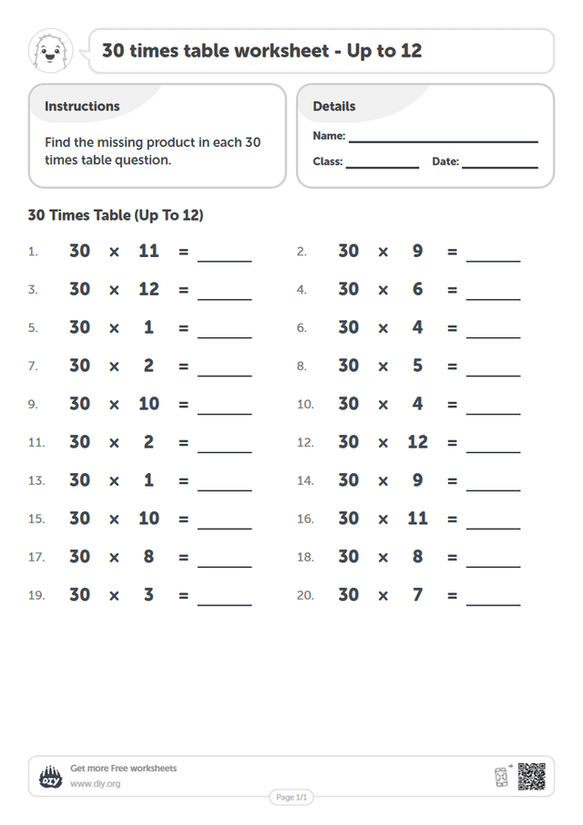 30 times table page 1