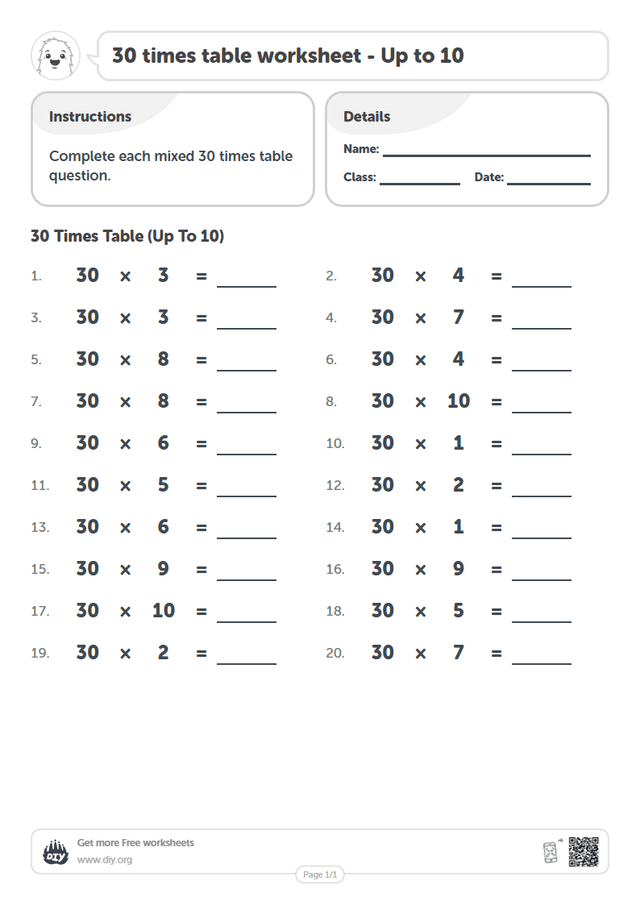 30 times table page 1