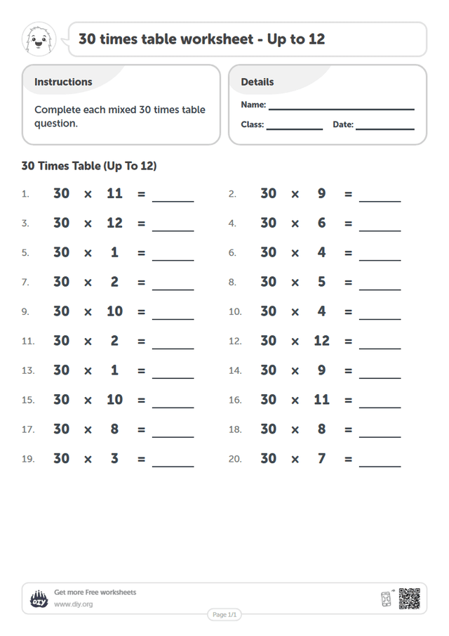 30 times table page 1