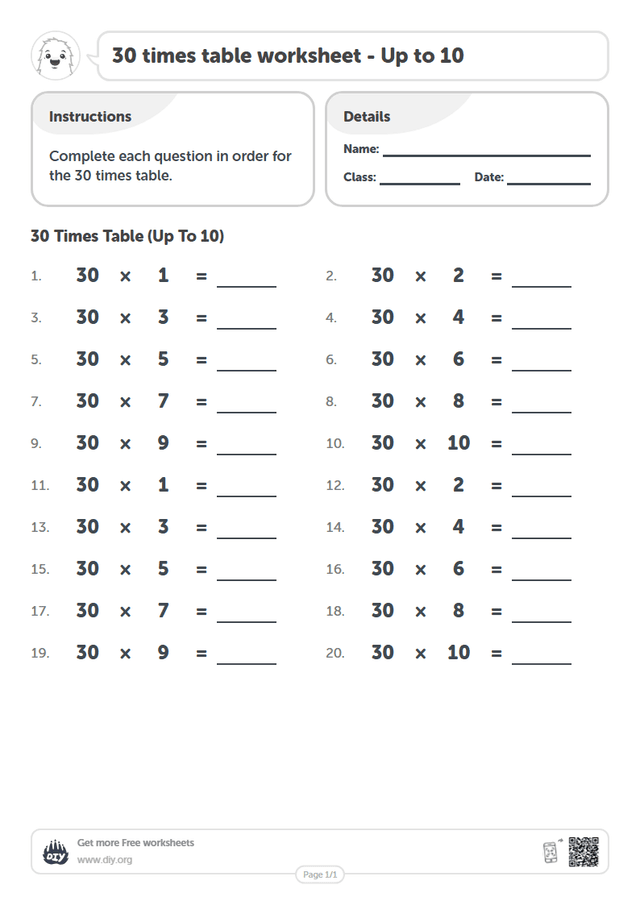 30 times table page 1