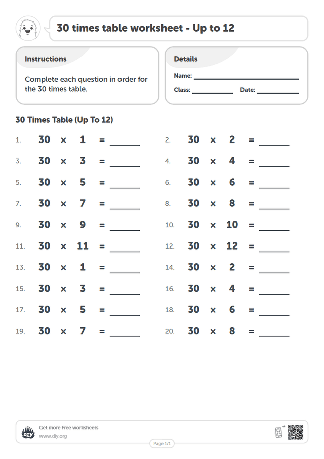 30 times table page 1