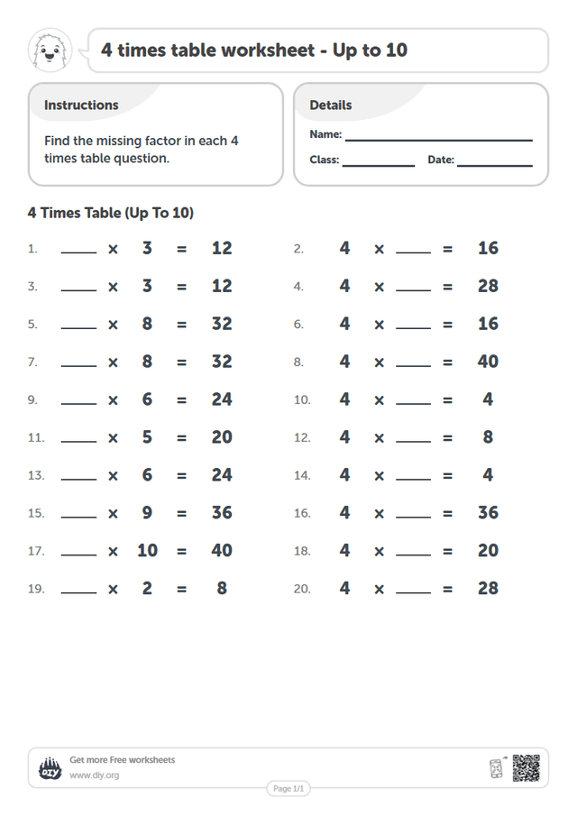 4 times table page 1