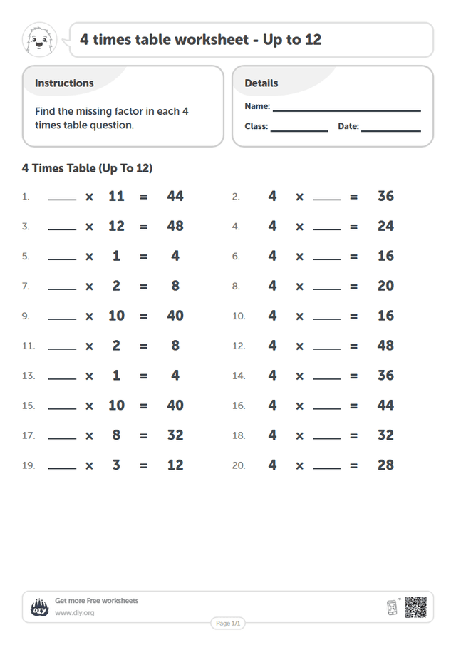 4 times table page 1