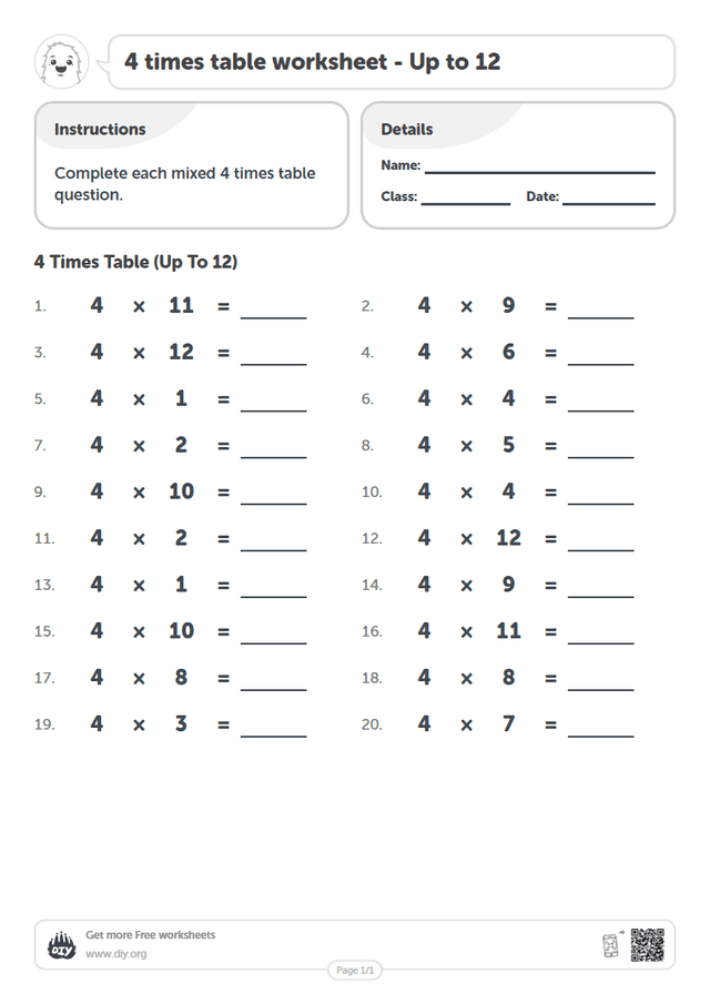 4 times table page 1