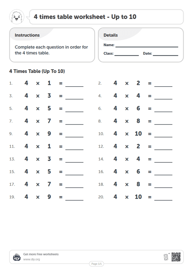 4 times table page 1