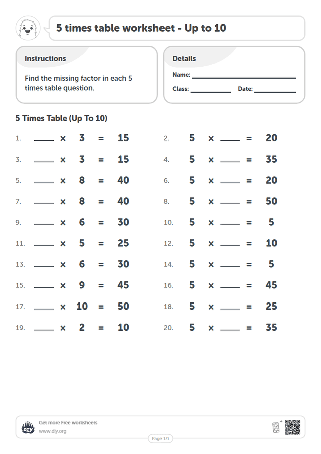 5 times table page 1