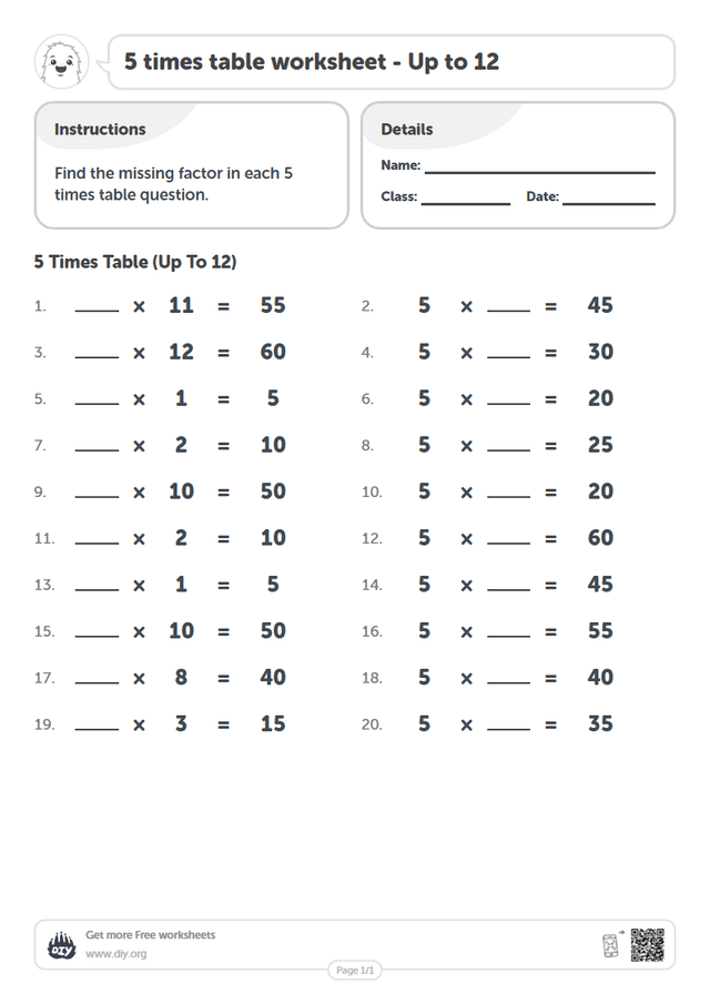 5 times table page 1