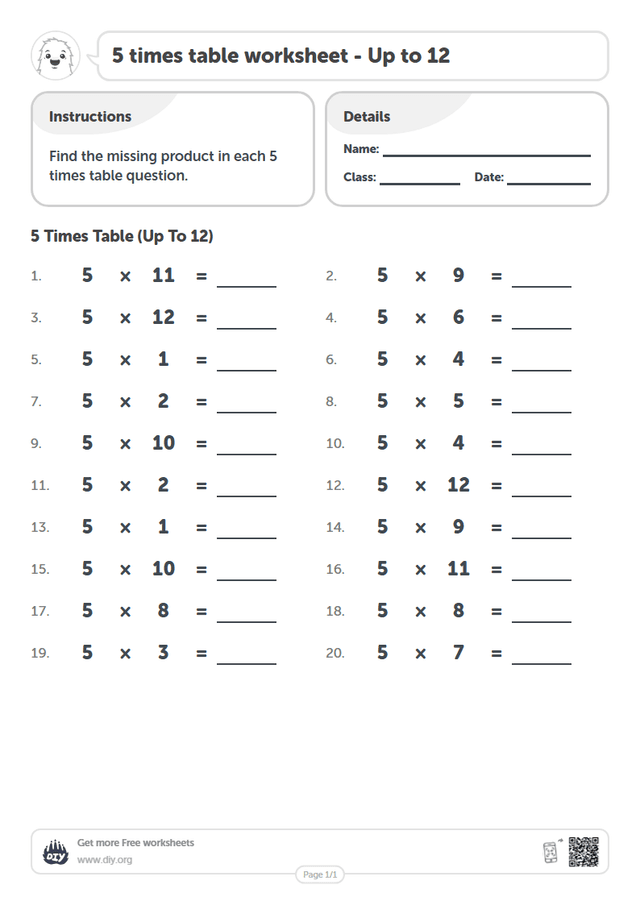 5 times table page 1