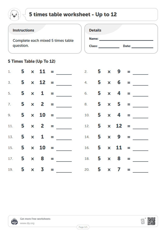 5 times table page 1
