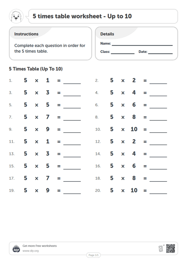 5 times table page 1