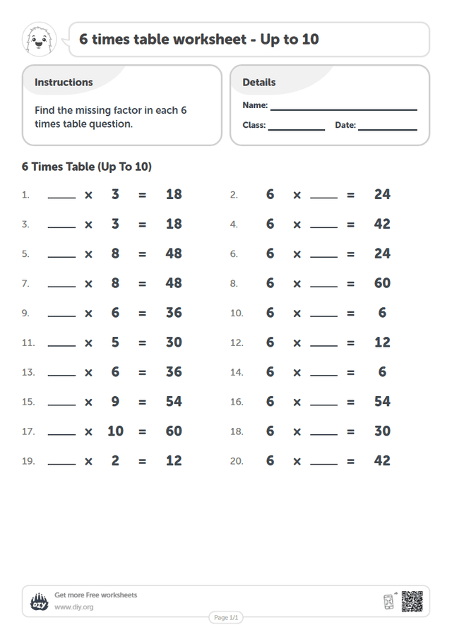 6 times table page 1