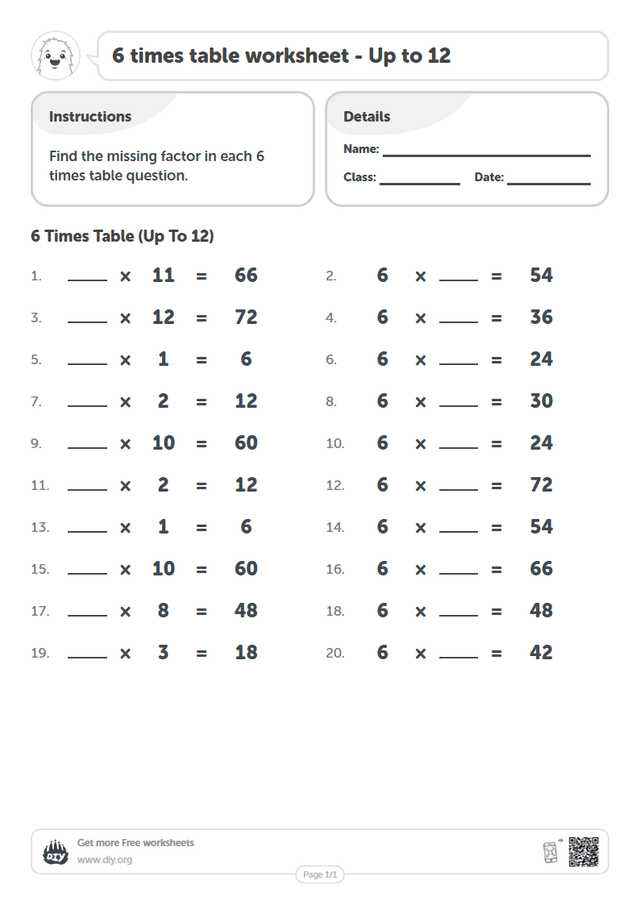 6 times table page 1