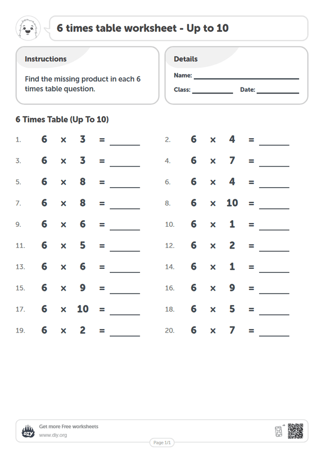 6 times table page 1
