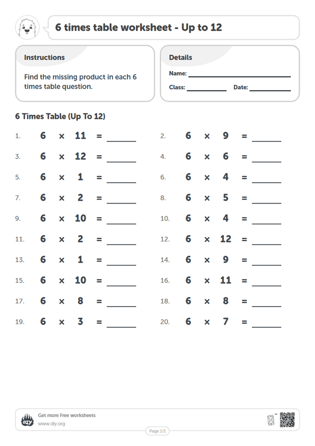 6 times table page 1