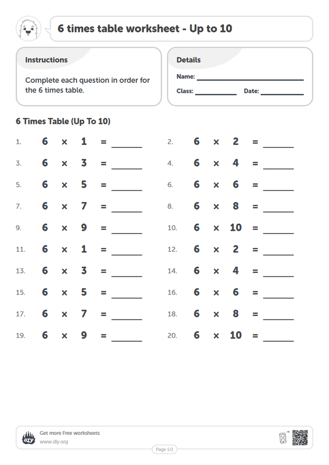 6 times table page 1