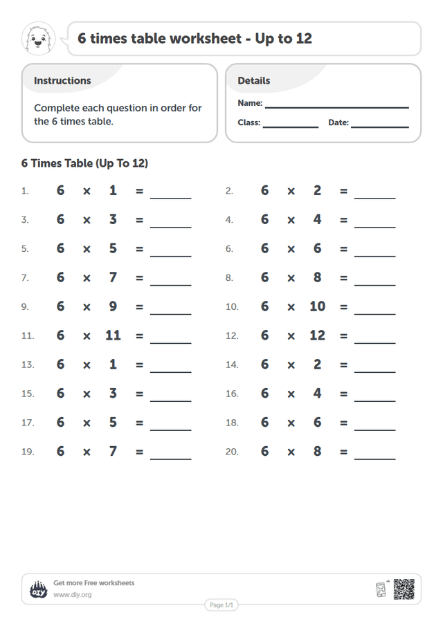 6 times table page 1