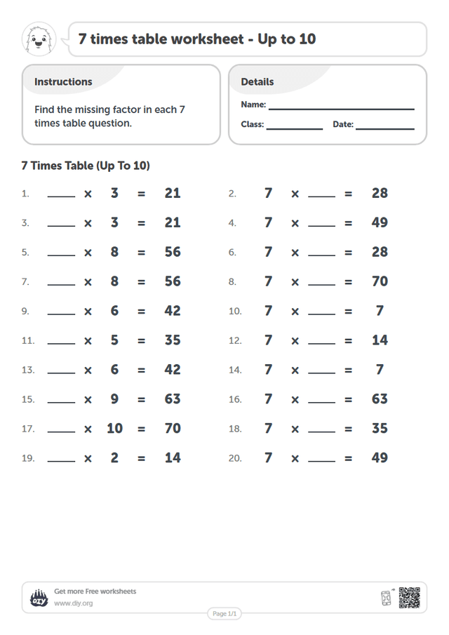 7 times table page 1