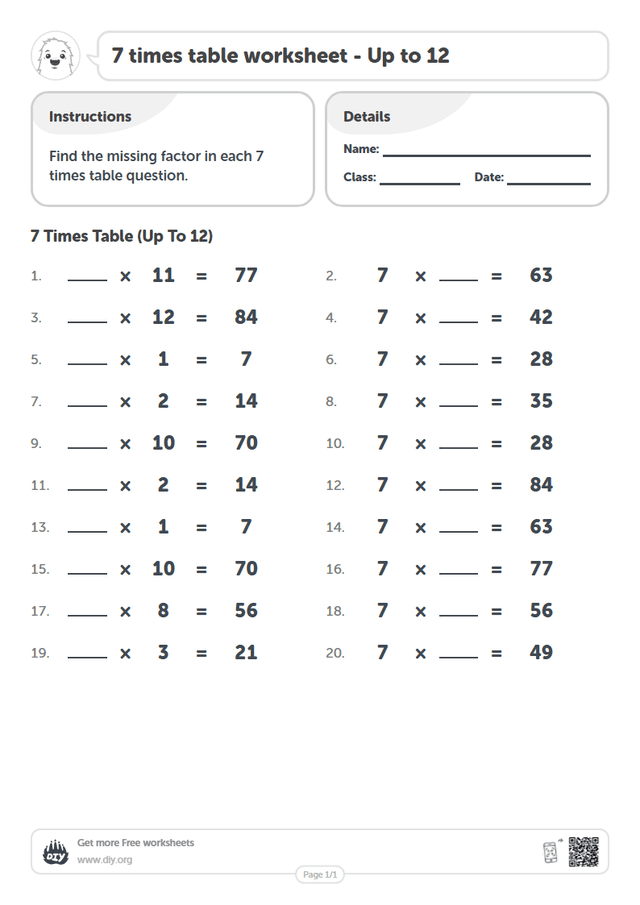 7 times table page 1