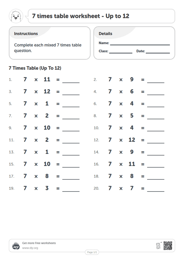7 times table page 1