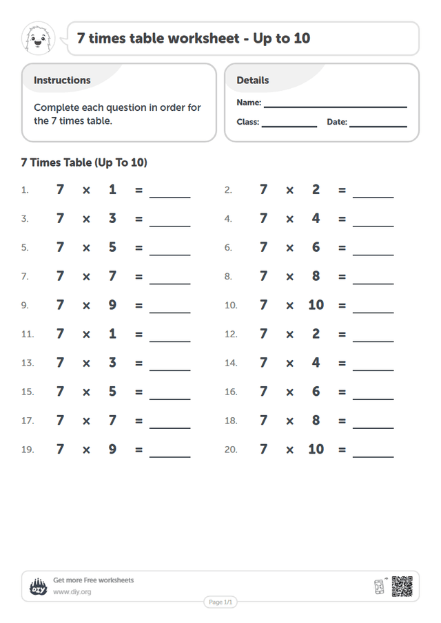 7 times table page 1