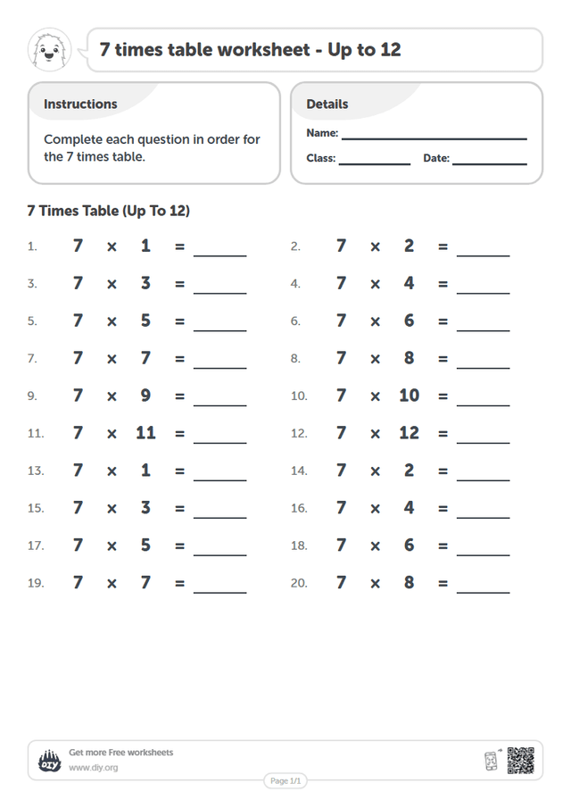 7 times table page 1