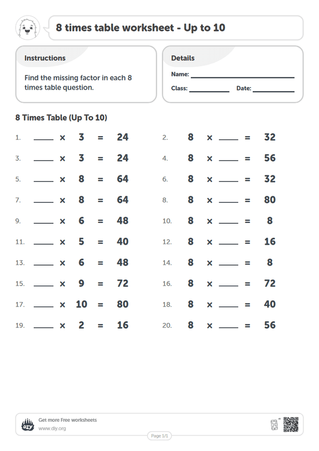 8 times table page 1