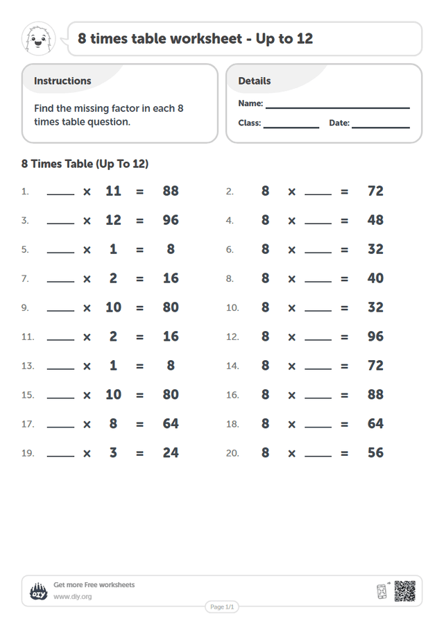 8 times table page 1