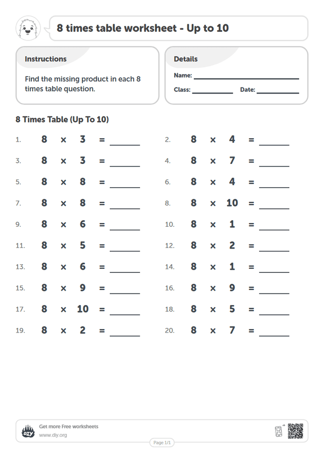 8 times table page 1