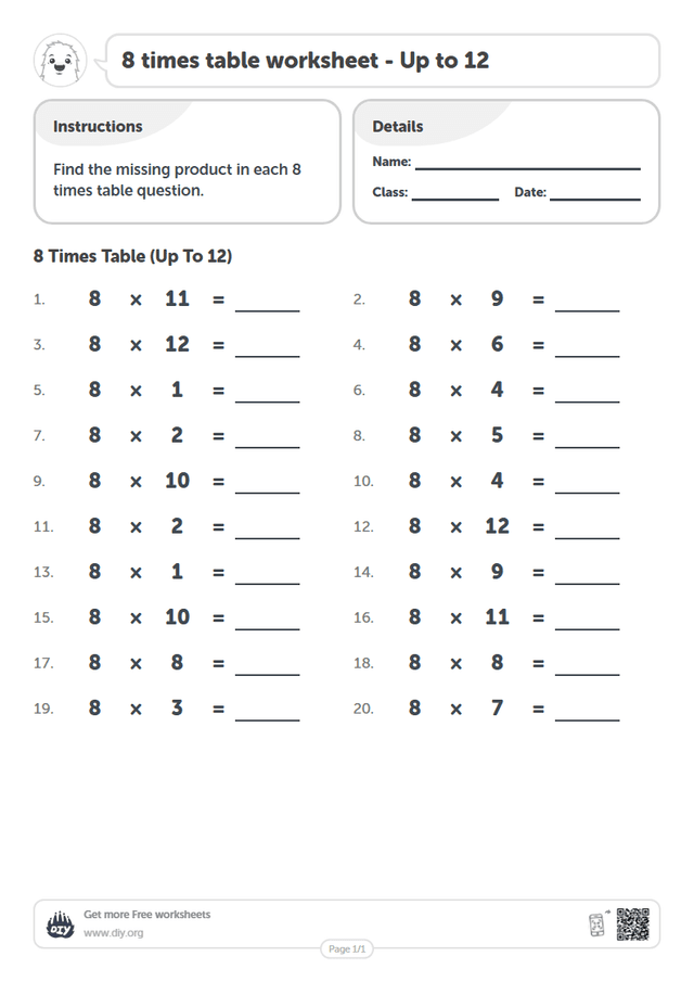 8 times table page 1