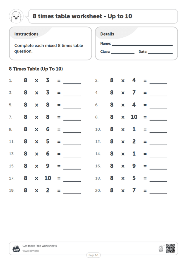 8 times table page 1