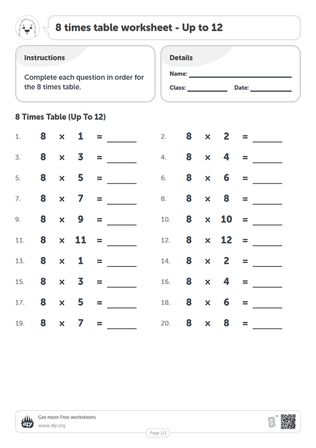 8 times table page 1