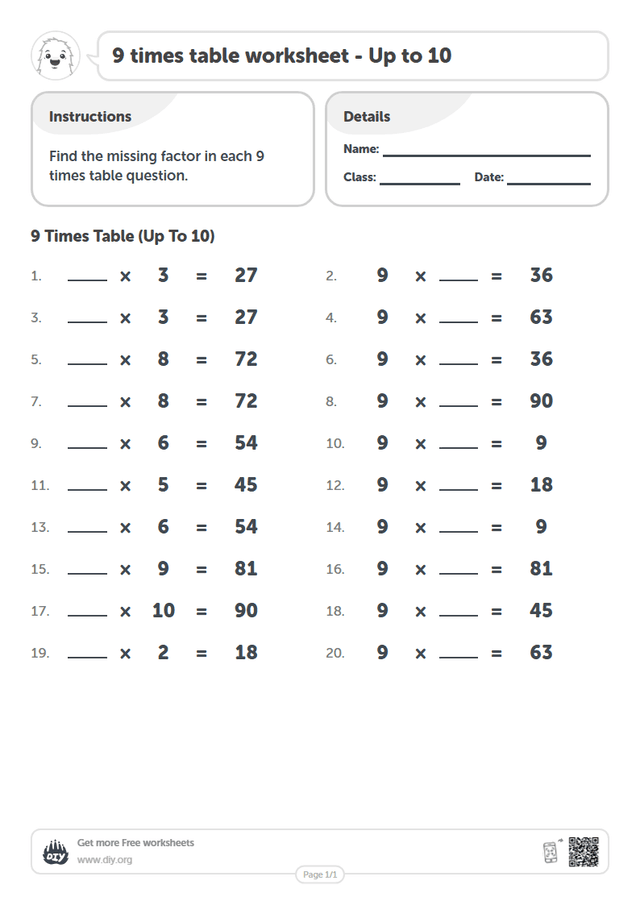 9 times table page 1