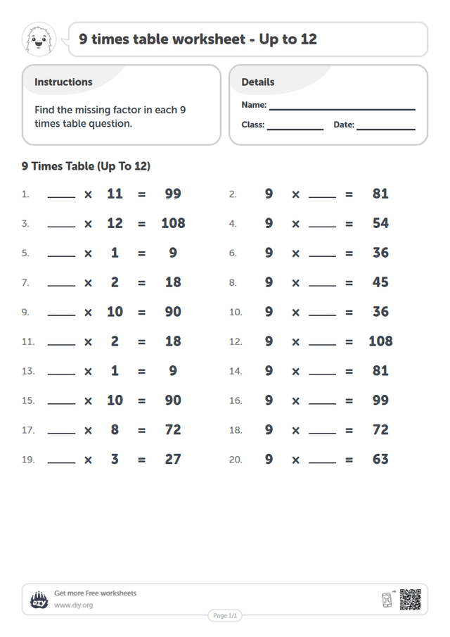 9 times table page 1