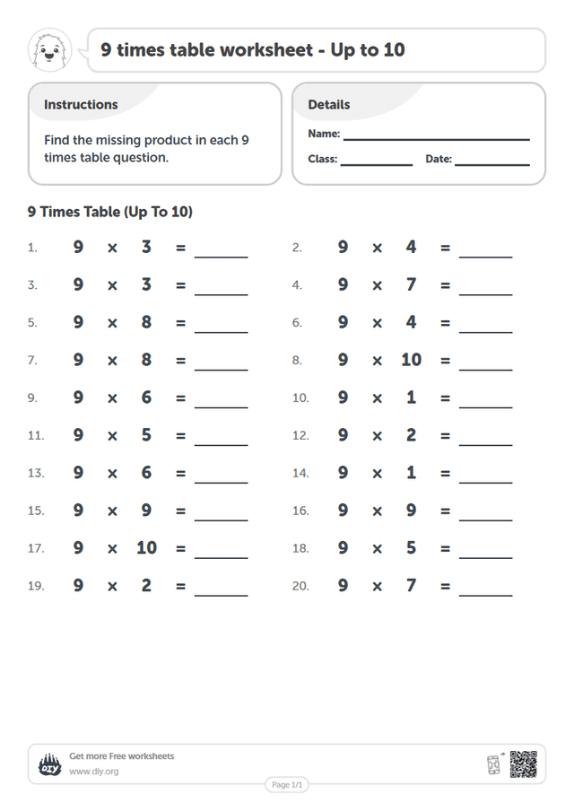 9 times table page 1