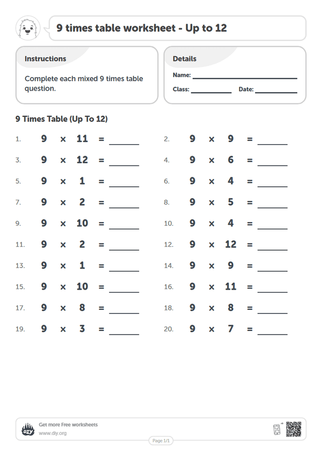 9 times table page 1