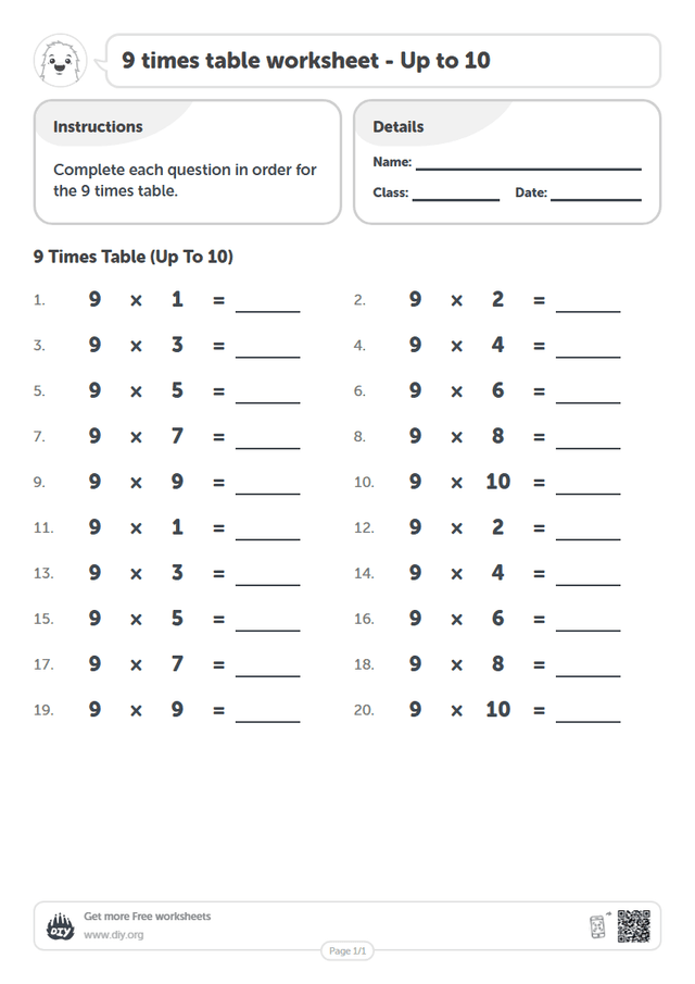 9 times table page 1