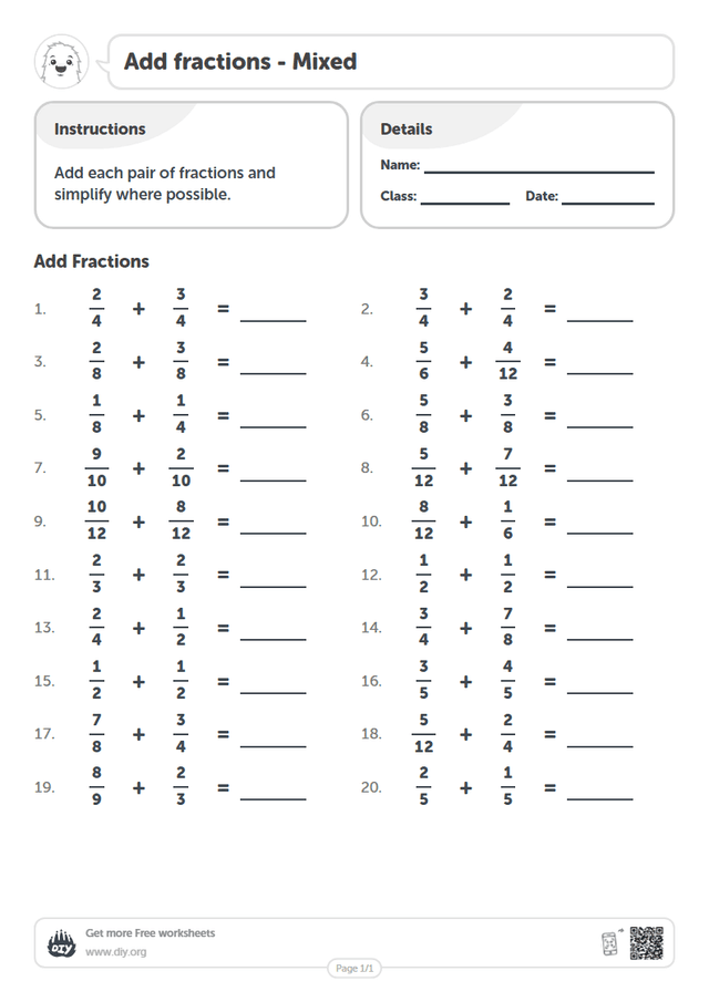 Add fractions - Mixed page 1
