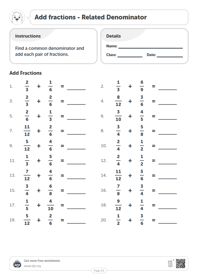 Add fractions - Related Denominator page 1