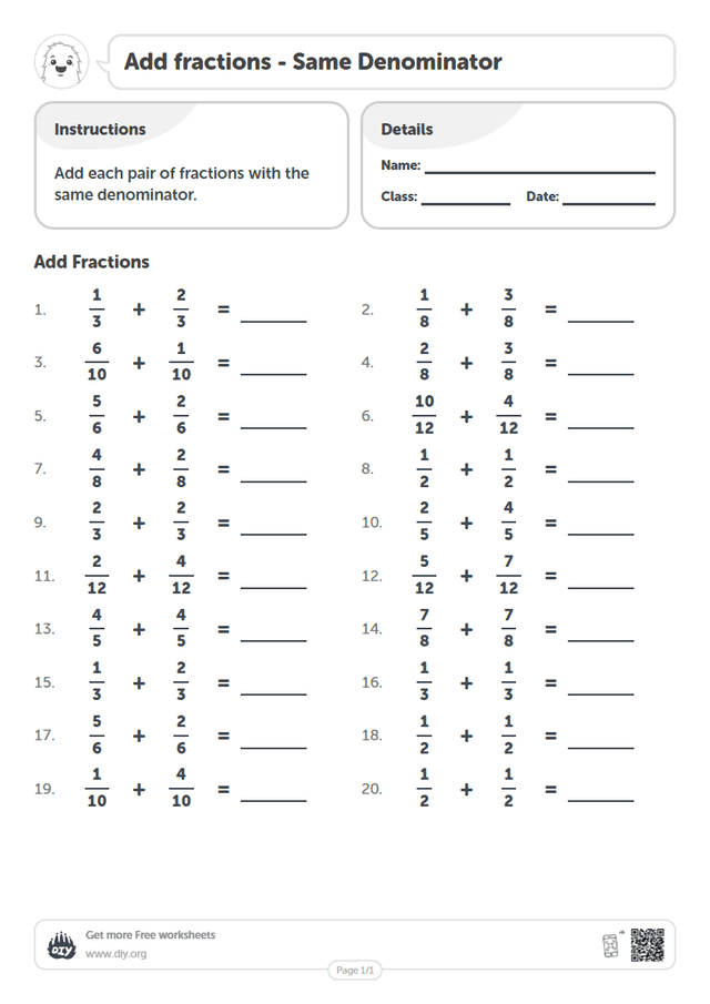 Add fractions - Same Denominator page 1